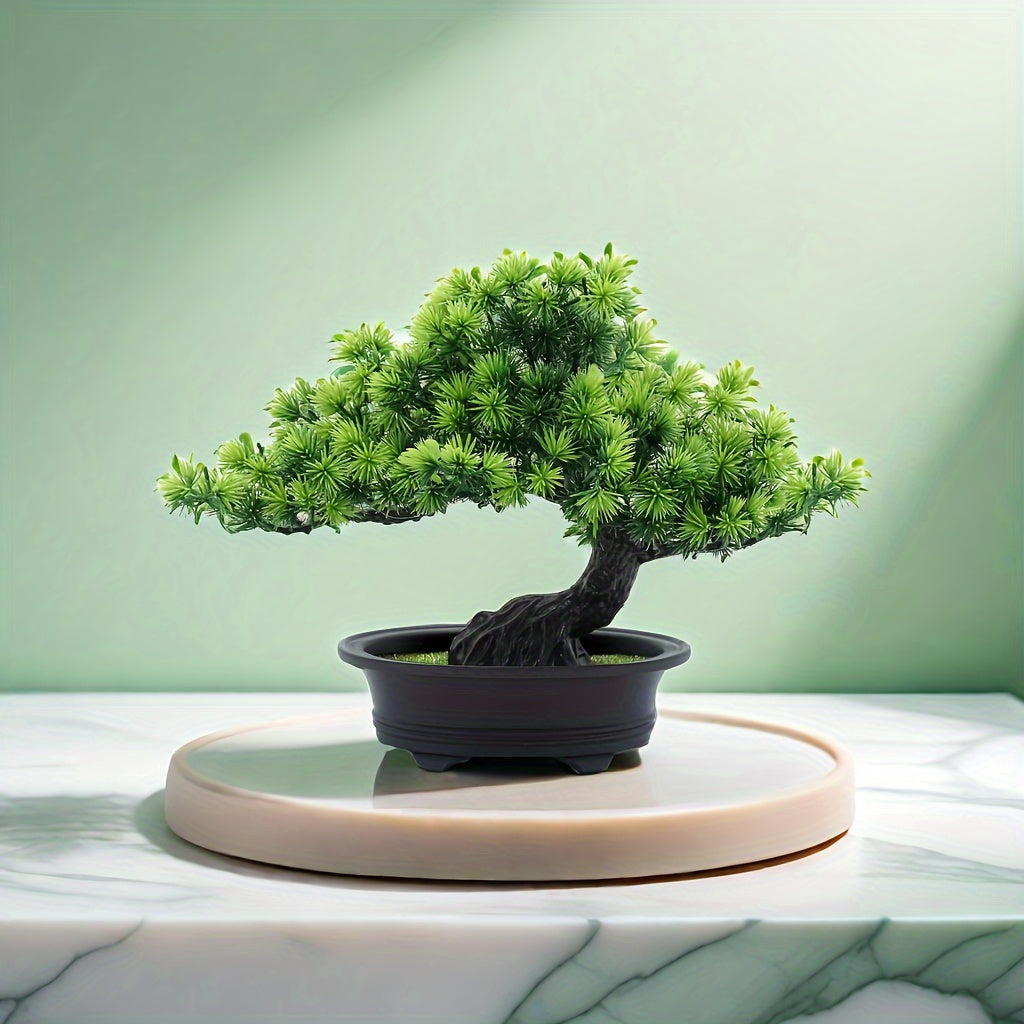 Artificial Bonsai Tree 9.5 Inch Desk Décor with Black Pot | Lifelike Greenery for Home Office Living Room | No Maintenance Faux Plant | Lonoma