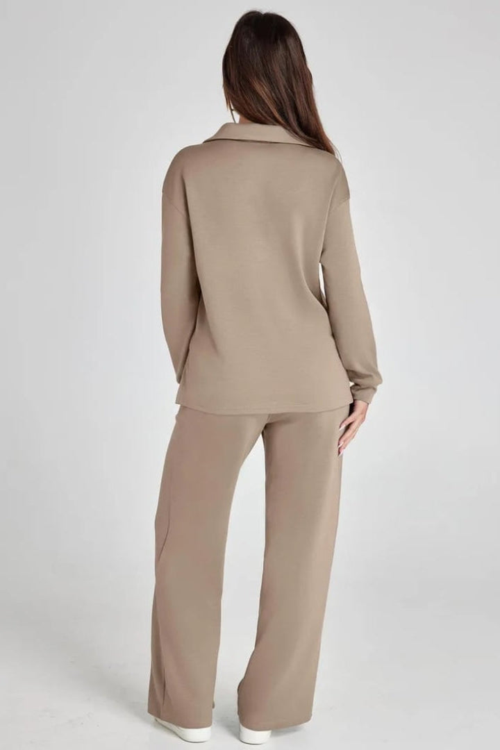 Women's Two-Piece Lounge Set V-Neck Collared Top Wide-Leg Trousers Drawstring Waist Relaxed Fit Comfortable Loungewear Casual Weekend Wear Timeless Minimalist Style | Koossa