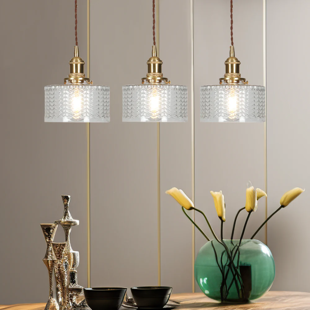 Adjustable Pendant Light with Ribbed Glass Shade, E27 Socket, Green Brass Finish for Kitchen Island, Dining Room & Breakfast Bar | Lonoma