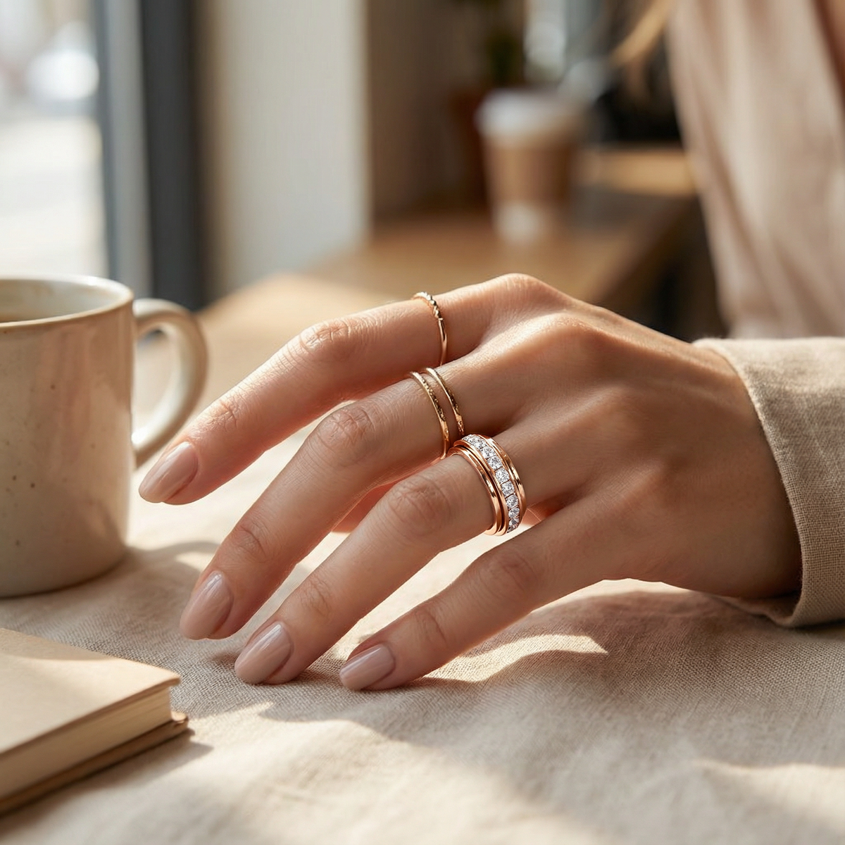 Titanium Steel Spinner Ring with Cubic Zirconia, Silver Gold Rose Gold Fidget Ring for Women & Men, Anxiety Relief, Stackable Band | Lonoma