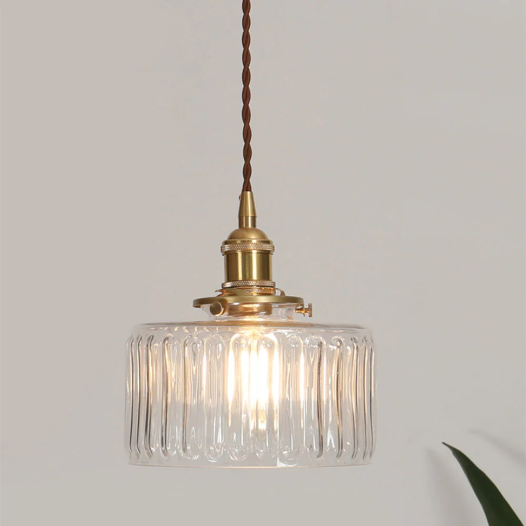 Adjustable Pendant Light with Ribbed Glass Shade, E27 Socket, Green Brass Finish for Kitchen Island, Dining Room & Breakfast Bar | Lonoma