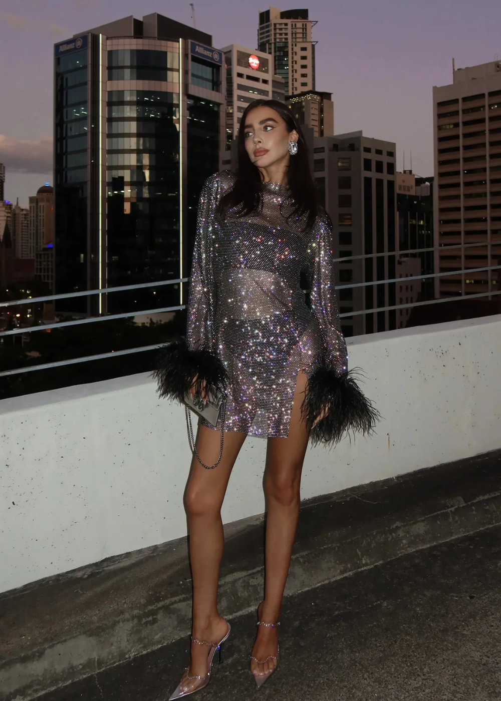 Women's Embellished Mini Dress with Sheer Sleeves and Feather Trim — Glamorous Evening Dress for Parties & Gala Events | Koossa