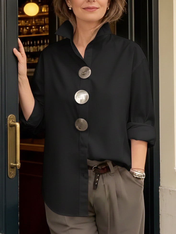 Women's Stand Collar Blouse with Statement Buttons in Green, Blue, Black, White, Burgundy & Pink | Relaxed Fit Long Sleeve Shirt with Roll-Back Cuffs | Elegant Everyday Blouse for Work & Weekend | Koossa