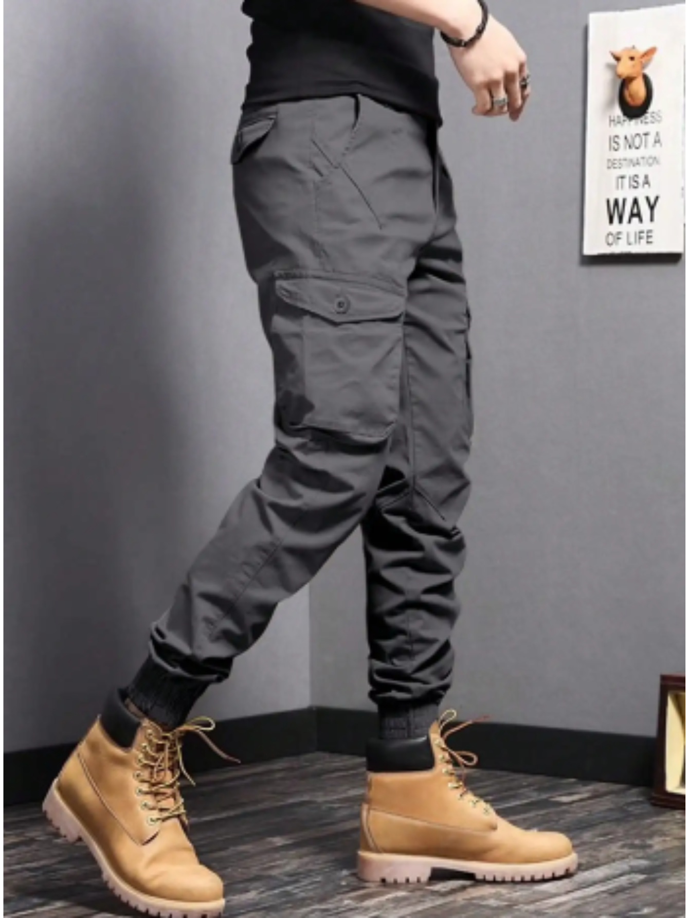 Men's Cargo Trousers in Black and Grey — Tapered Utility Style with Flap Pockets and Reinforced Seams for Casual Everyday Wear | Koossa