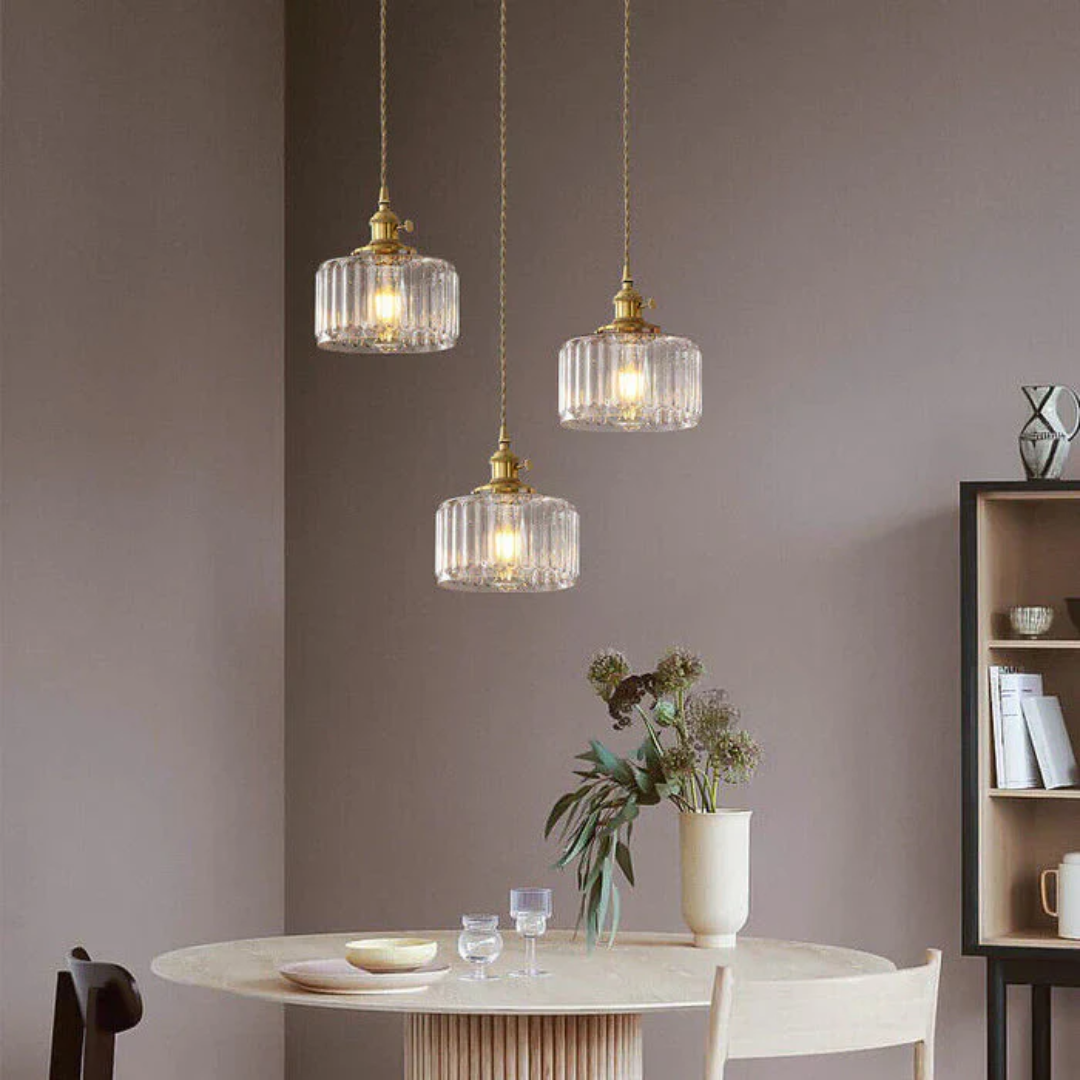 Adjustable Pendant Light with Ribbed Glass Shade, E27 Socket, Green Brass Finish for Kitchen Island, Dining Room & Breakfast Bar | Lonoma