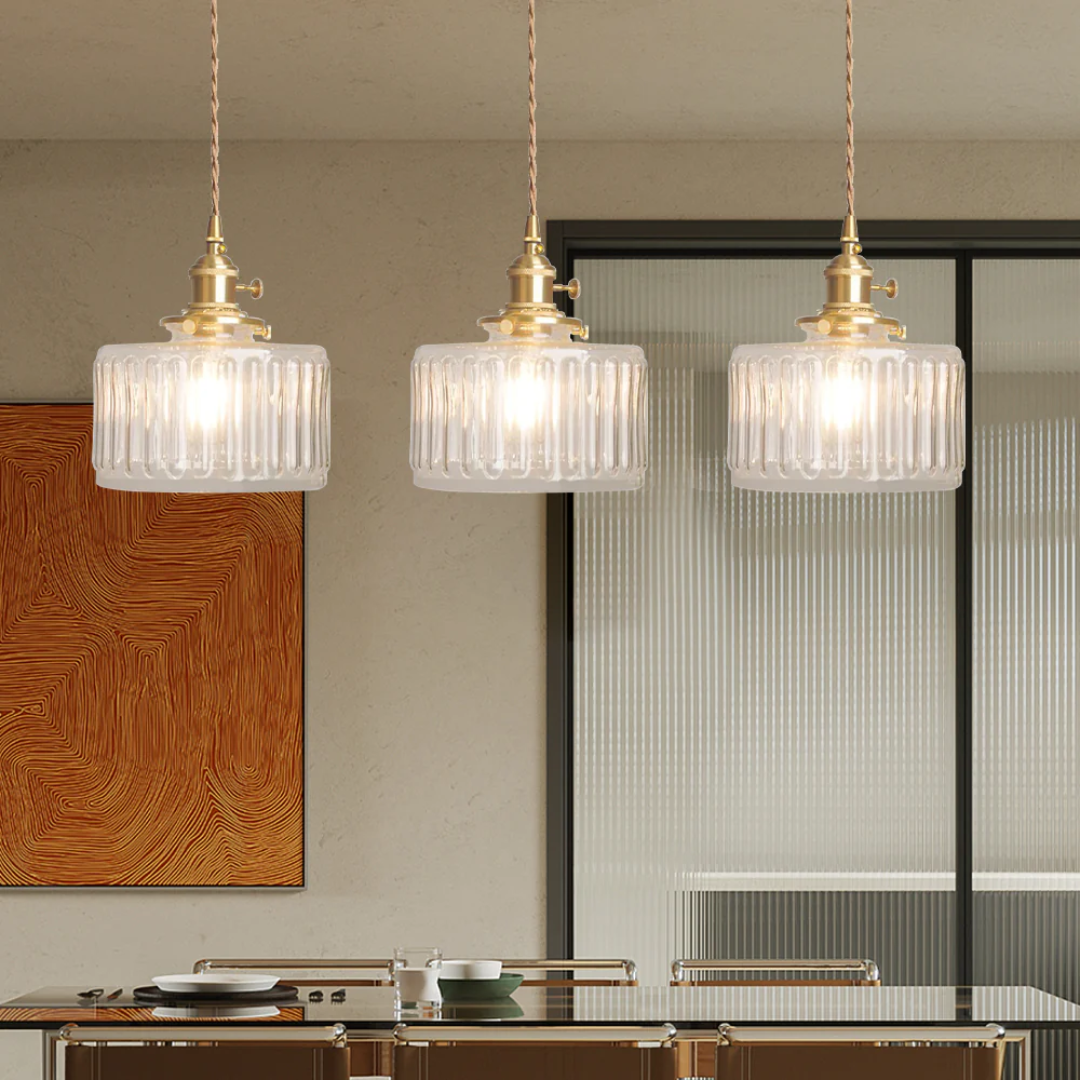 Adjustable Pendant Light with Ribbed Glass Shade, E27 Socket, Green Brass Finish for Kitchen Island, Dining Room & Breakfast Bar | Lonoma