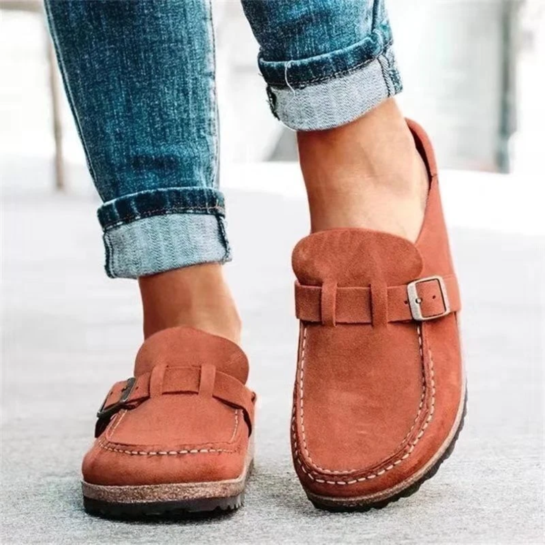 Women's Leather Buckle Loafers Low Heel Slip-On Shoes Black Khaki Green Office Smart Casual Footwear | Koossa