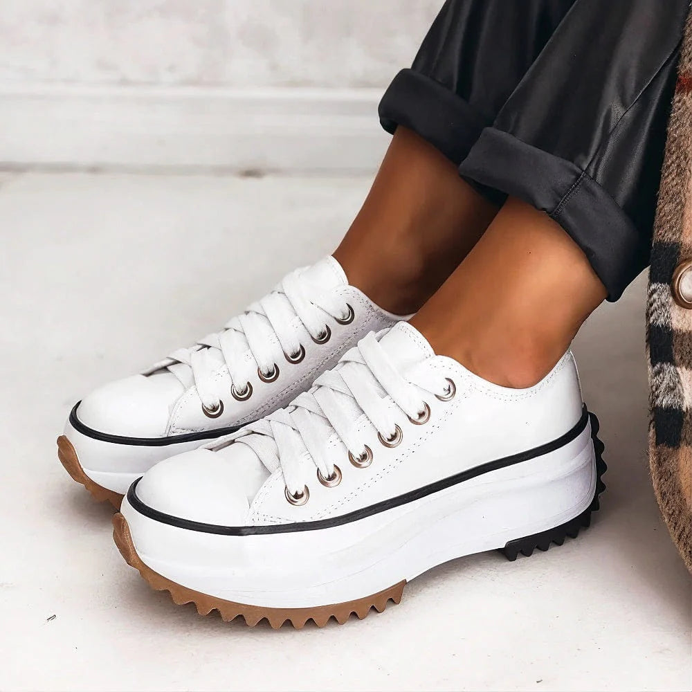 Women's Platform Lace-Up Trainers in Classic Canvas | Effortless Everyday Comfort | Available in Beige White Black | Cushioned Sole Casual Footwear | Koossa