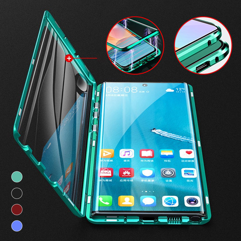 Magnetic Tempered Glass Phone Case, Double-Sided Clear Metal Bumper Cover with Self-Locking Closure for Wireless Charging, Drop Protection | Lonoma