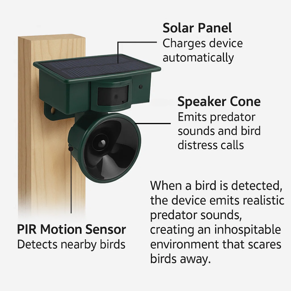 Répulsif à Oiseaux à Détecteur de Mouvement Ultrasonique pour Jardin et Toiture Anti-Corbeaux et Pigeons | Koossa