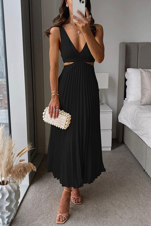 Pleated Midi Dress with Cut-Out Waist and V-Neckline in Yellow, Red, Pink, Black, Green, Orange for Evening Occasions | Koossa