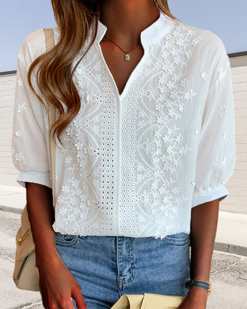 Women's V-Neck Blouse with Puff Sleeves and Embroidered Detailing in White | Koossa