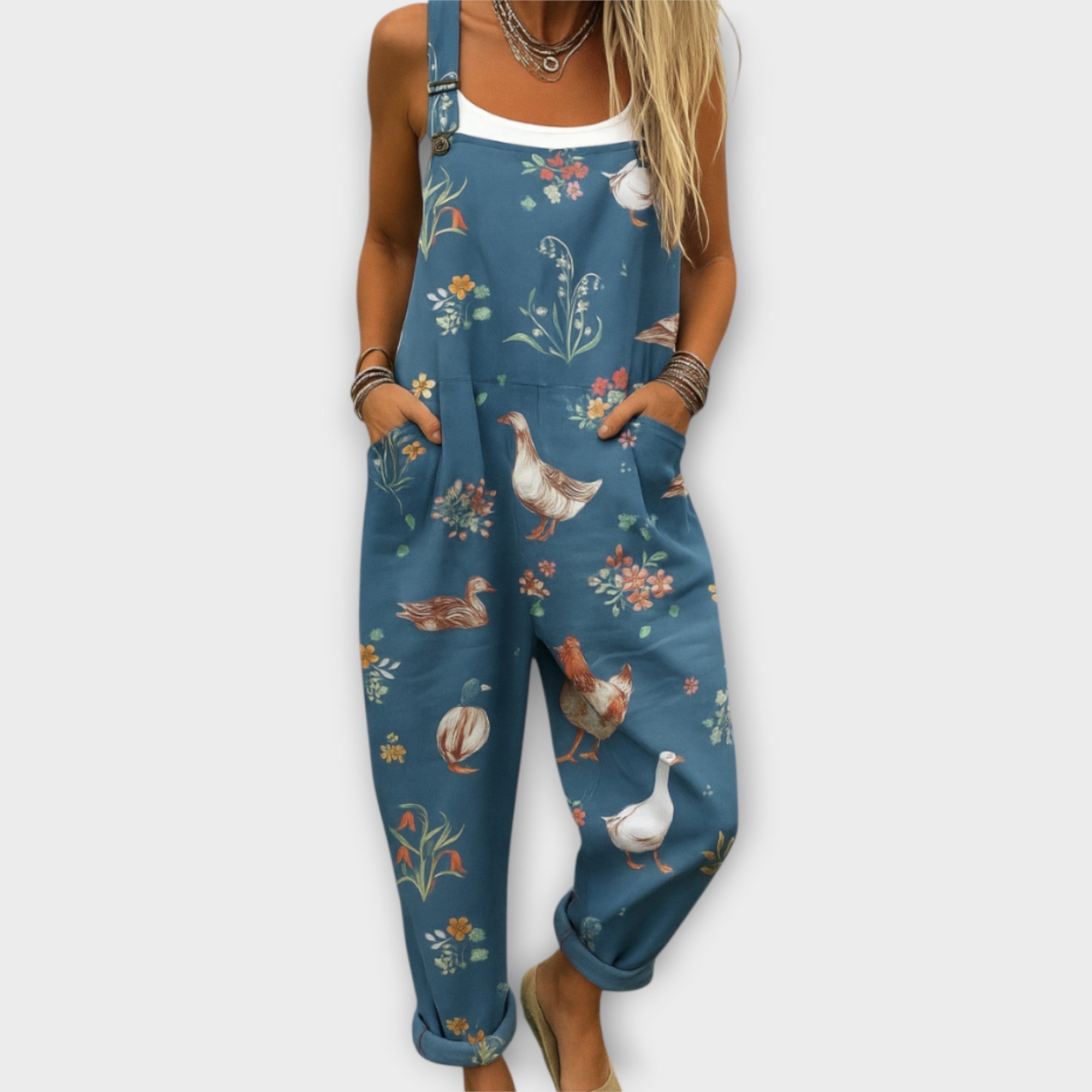 Women's Wide-Leg Floral Jumpsuit with Adjustable Straps – Vintage-Inspired All-In-One for Summer Days, Garden Parties & Weekend Brunches | Koossa