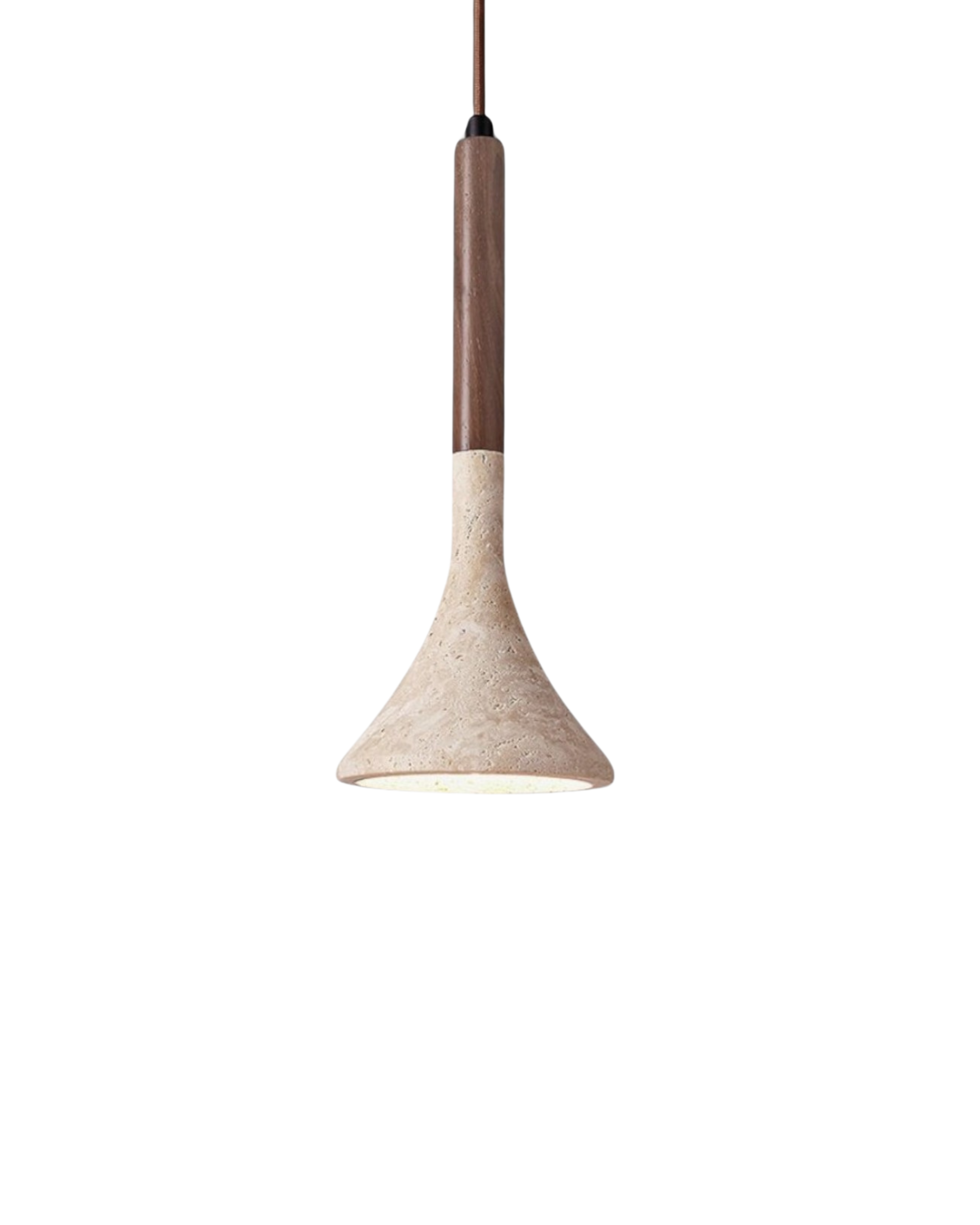 Suspension en Pierre de Travertin et Noyer Massif — Éclairage Ciblé Sculpture Minérale Naturelle Accent Bois | Koossa