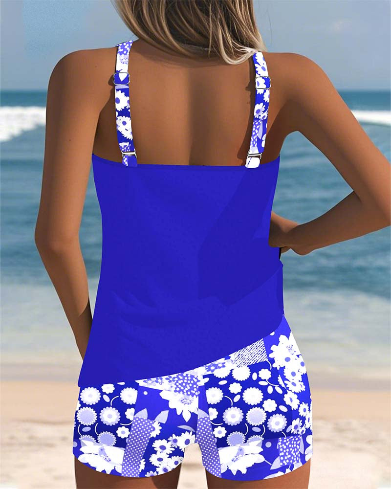 Women's Printed Tankini Set with Shorts in Purple, Black, Pink & Blue – Flattering Sporty Swimwear for Summer Holidays, Beach Walks & Poolside Lounging | Koossa