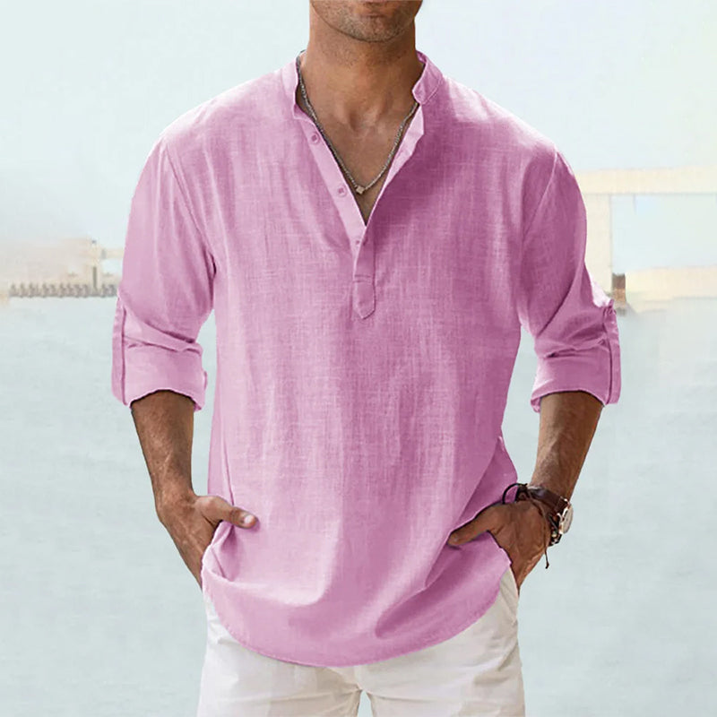 Men's Long Sleeve Grandad Collar Shirt in Washed Cotton | Classic Henley Button Placket Casual Relaxed Fit Heritage Style Timeless Weekend Shirt | Koossa