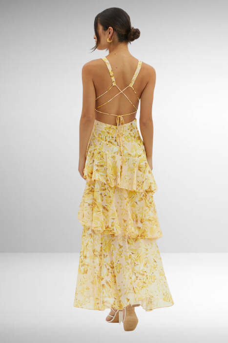 Tiered Maxi Dress with Open Back and Flowing Skirt in Green, Purple, Pink, Red, Yellow | Koossa