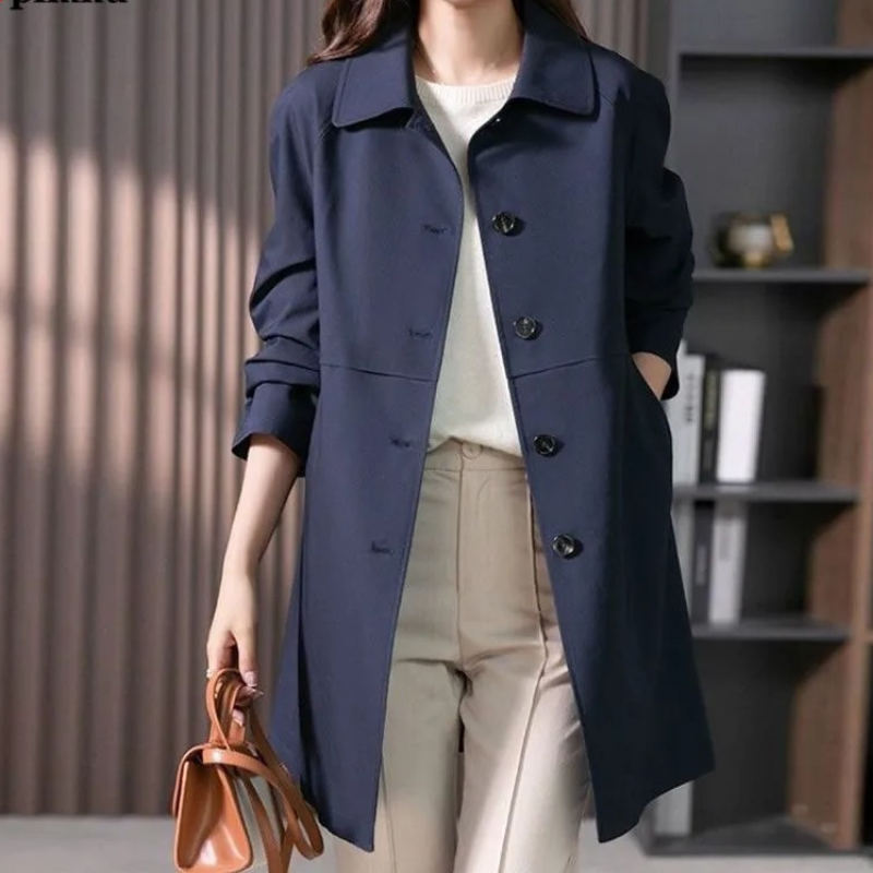 Women's Long Trench Coat with Single Button Fastening in Dark Blue and Black | Classic Tailored Outerwear with Wide Collar | Koossa