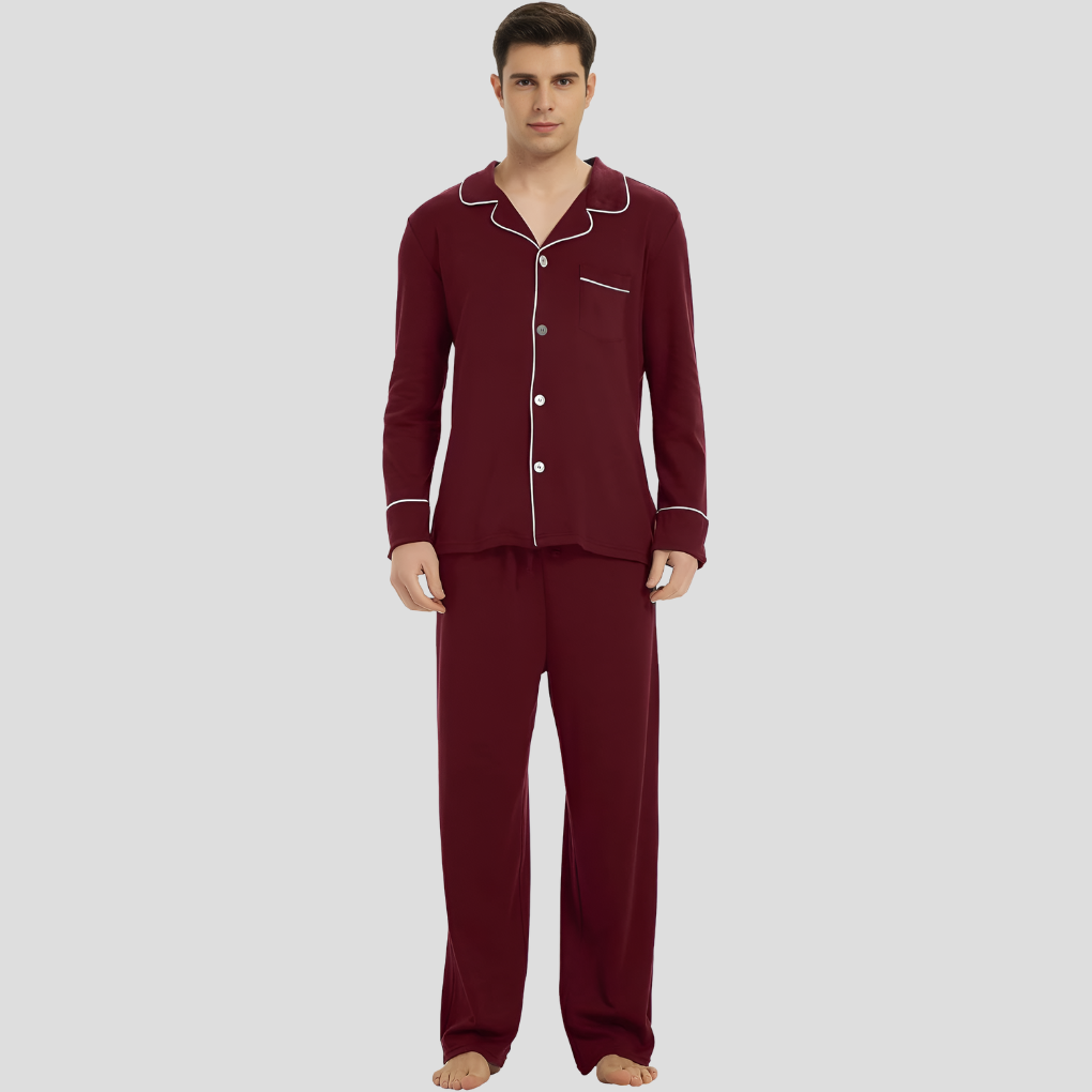 Men's Classic Long-Sleeved Cotton Pyjama Set in Timeless Colours | Traditional Button-Front Nightwear for Year-Round Comfort | Koossa