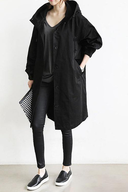 Women's Mid-Length Hooded Jacket — Relaxed Fit Button-Front Coat for Everyday & Transitional Weather | Koossa