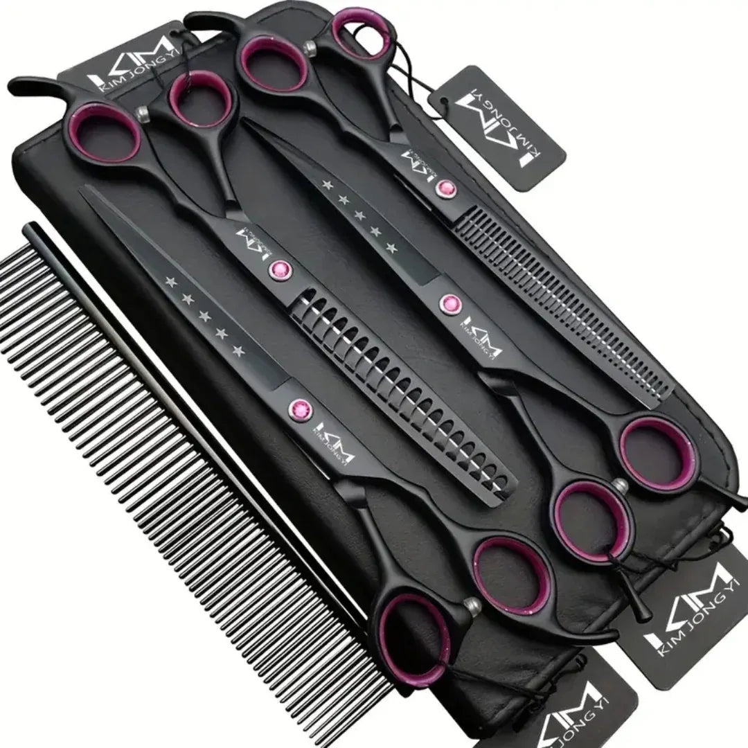 Dog Grooming Scissors Set 4 Piece Professional Trimming Kit Curved Straight Thinning Stainless Steel Ergonomic Safety Case | Koossa