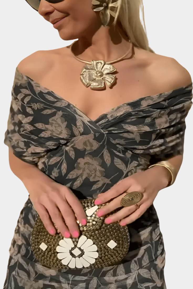 Women's Off-Shoulder Dress with Pleated Detail and Floral Print for Summer Weddings Garden Parties Evening Events | Koossa