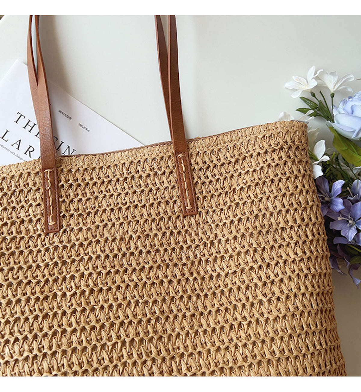 Panier tressé en osier avec anses cuir pour marché et ville style scandinave naturel beige intemporel | Koossa