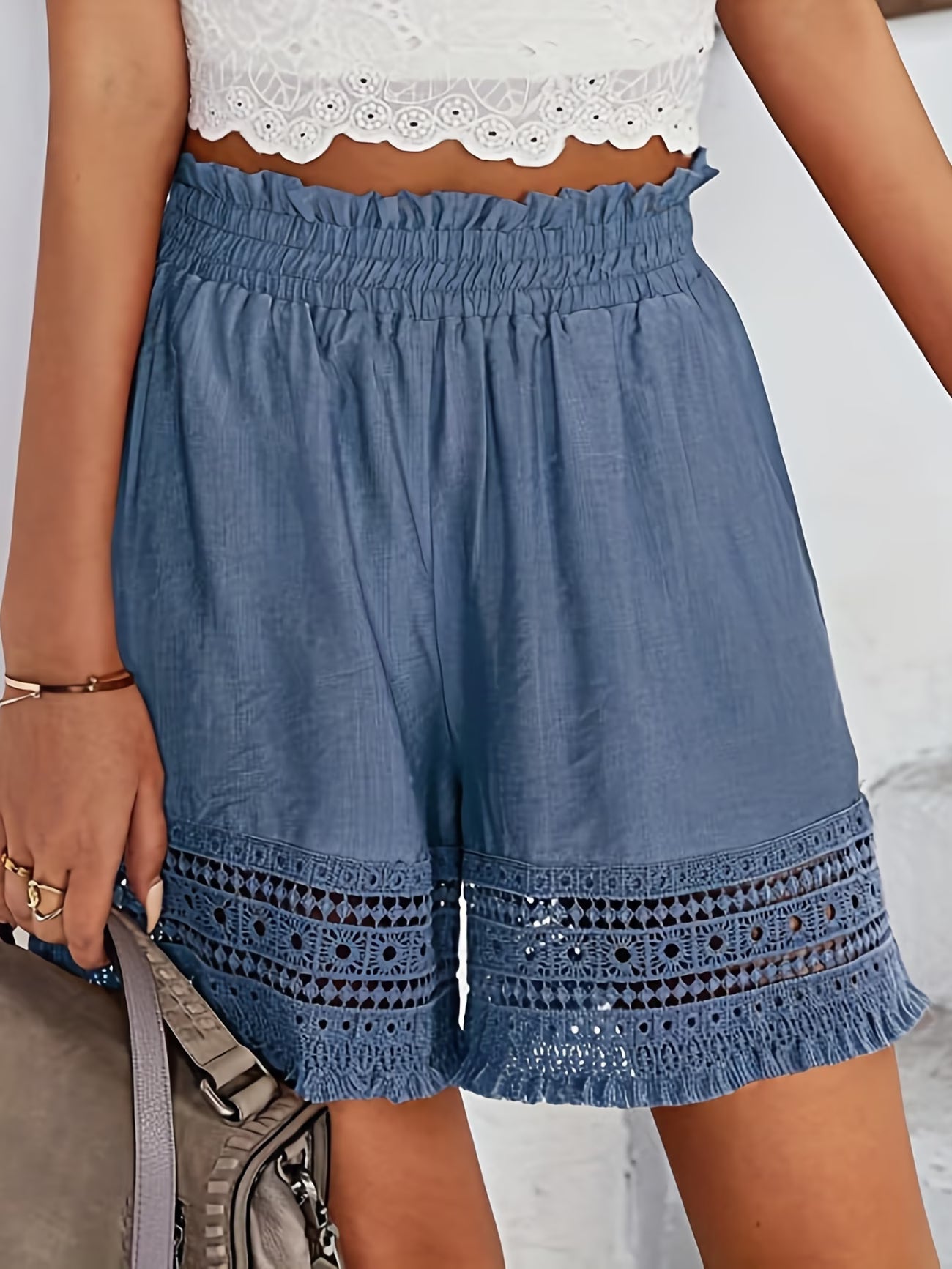 Women's Lace-Trimmed Slant Pocket Tailored Shorts in Beige, Black, Blue & White — Elegant Lightweight Summer Shorts with Romantic Detail | Koossa