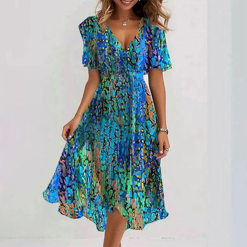 Women's Printed V-Neck Dress with Asymmetric Hem in Vintage Floral | Short Sleeve Lightweight Summer Occasion Dress | Koossa