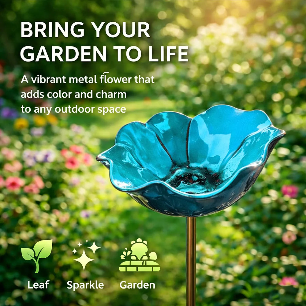 Pique décoratif en métal avec abreuvoir pour oiseaux 60 cm fleur colorée biodiversité jardin extérieur | Koossa