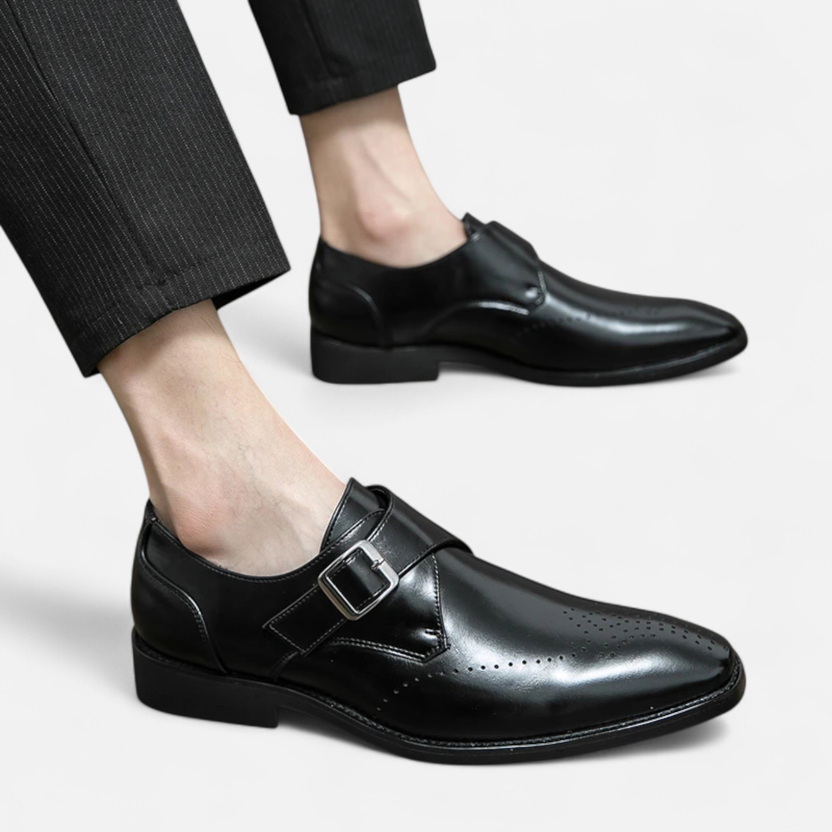 Single Monk Strap Formal Shoes in Black and Brown for Weddings and Business | Classic Buckle Fastening Dress Shoes with Subtle Brogue Detailing | Men's Premium Leather-Look Footwear | Koossa