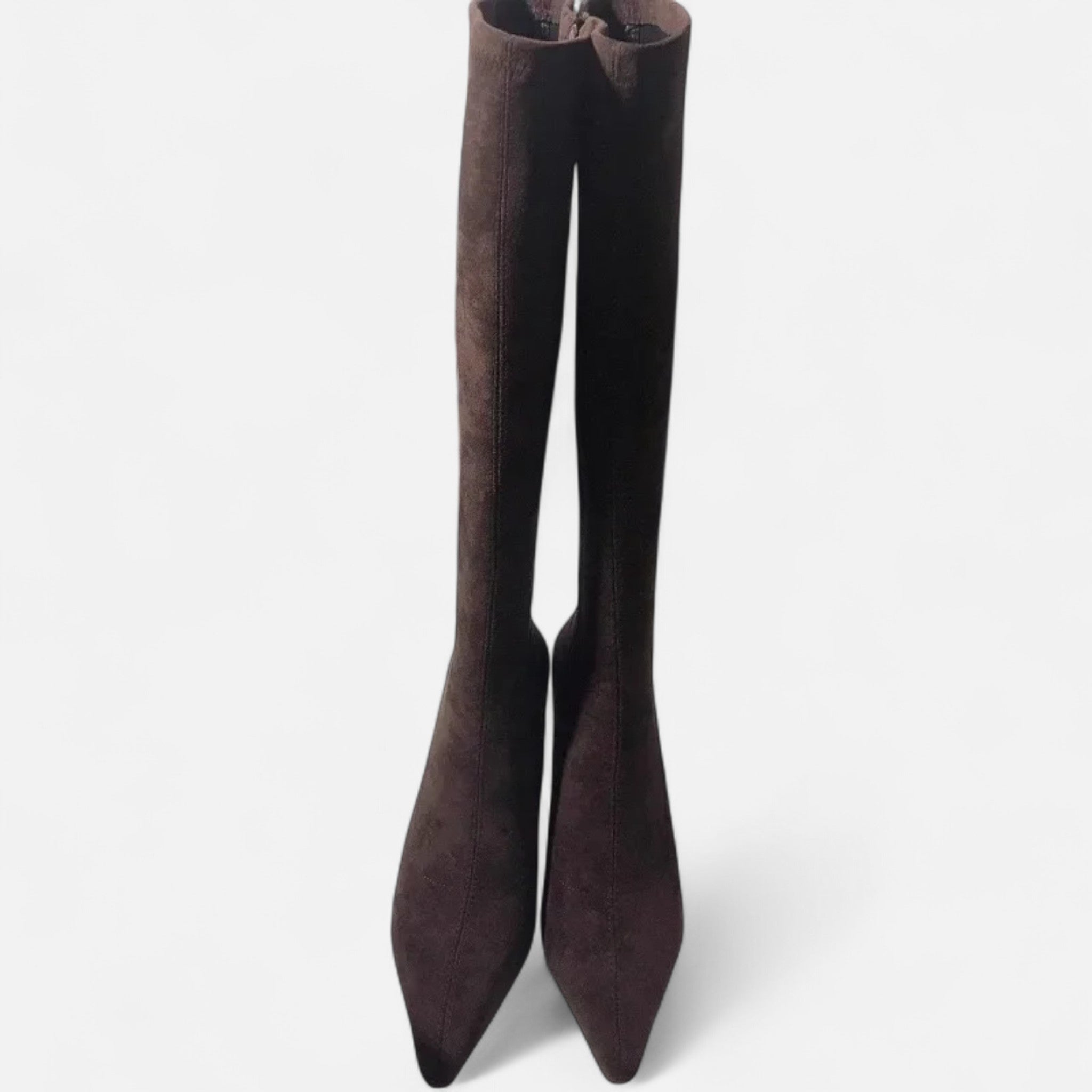 Women's Pointed-Toe Knee-High Heeled Boots in Suede | Sleek Silhouette | Comfortable Side Zip | Perfect for Evening and Office | Autumn Winter Footwear | Koossa