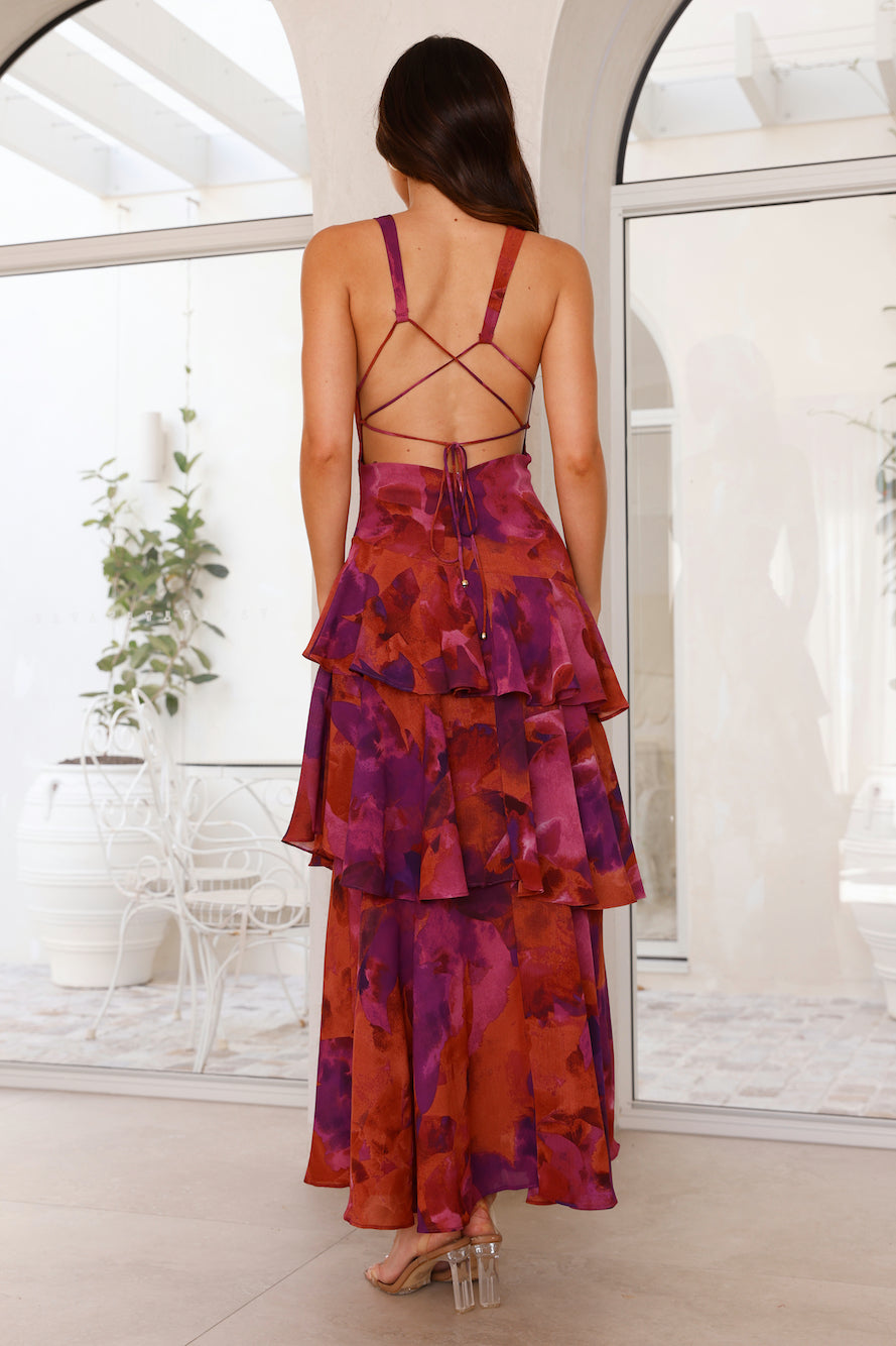 Tiered Maxi Dress with Open Back and Flowing Skirt in Green, Purple, Pink, Red, Yellow | Koossa