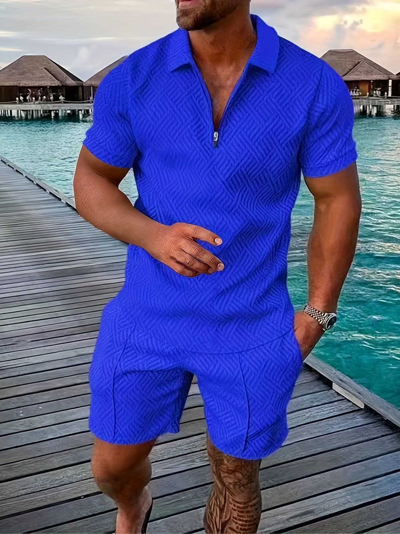 Men's Geometric Short-Sleeve Shirt and Shorts Co-Ord Set in Cotton Blend with Zip Collar for Smart Casual Summer Leisure | Koossa