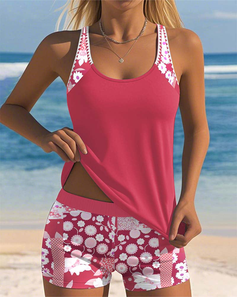 Women's Printed Tankini Set with Shorts in Purple, Black, Pink & Blue – Flattering Sporty Swimwear for Summer Holidays, Beach Walks & Poolside Lounging | Koossa