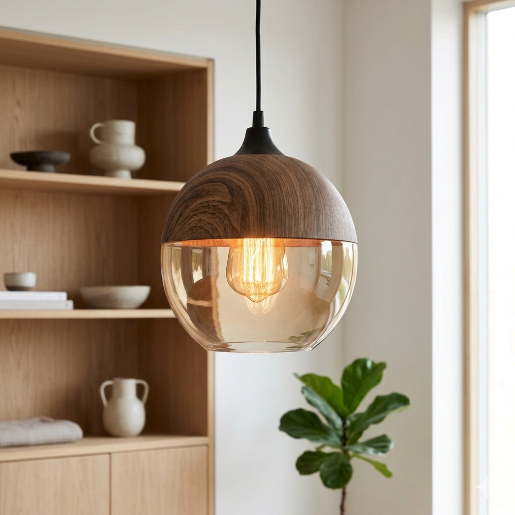 Suspension en Verre Teinté et Métal Effet Bois – Éclairage Ambiance Scandinave Douce pour Salon et Salle à Manger | Koossa