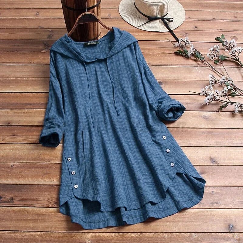Women's Cotton Hooded Tunic with Button Detail – Relaxed Fit Lightweight Cover-Up for Casual Wear and Coastal Strolls | Koossa