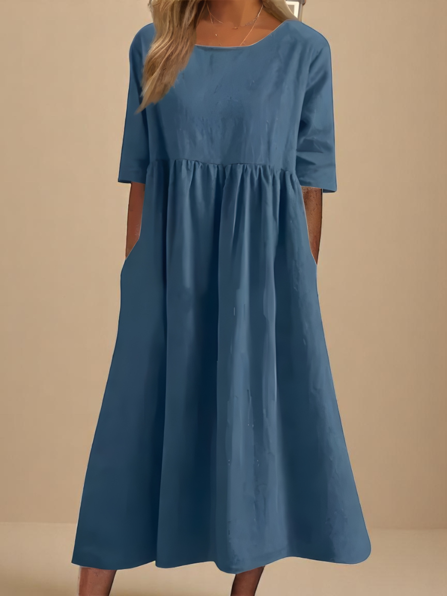 Women's Cotton Mid-Length Dress with Pockets in Eight Colours — Relaxed Fit Round Neck Short Sleeve Summer Spring Casual Everyday Knee-Length Lightweight Dress | Koossa
