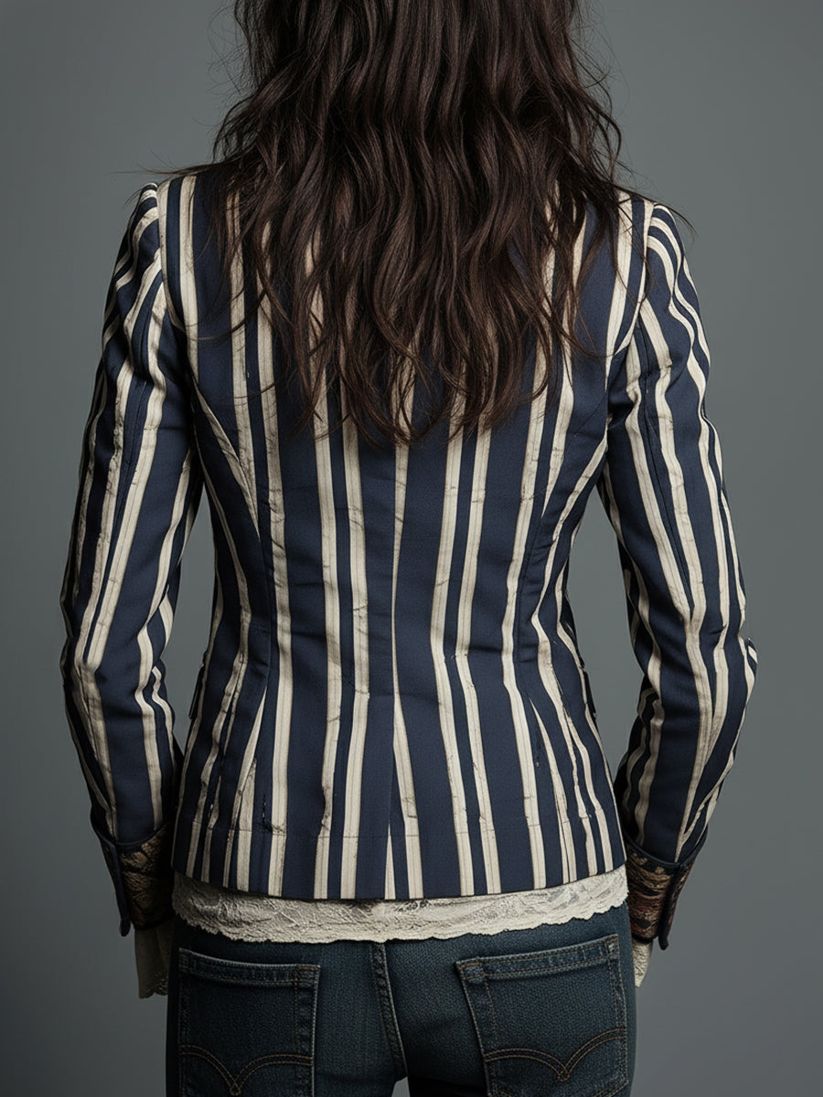 Women's Bohemian Striped Blazer | Tailored Floral Jacket in Navy, Claret & Green | Vintage-Inspired Structured Outerwear for Smart Casual Occasions | Koossa