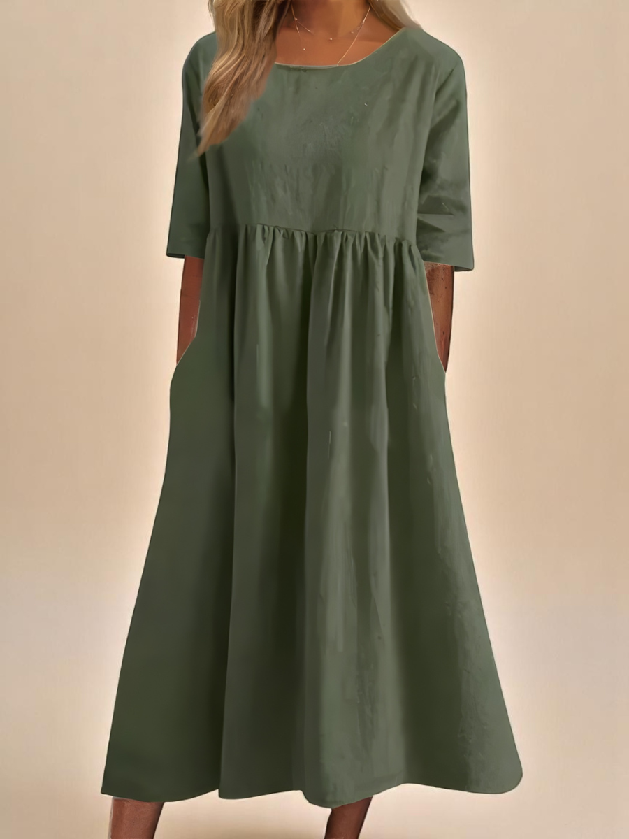 Women's Cotton Round-Neck Dress with Mid-Length Sleeves and Pockets – Relaxed Everyday Midi Dress in Eight Colours | Koossa