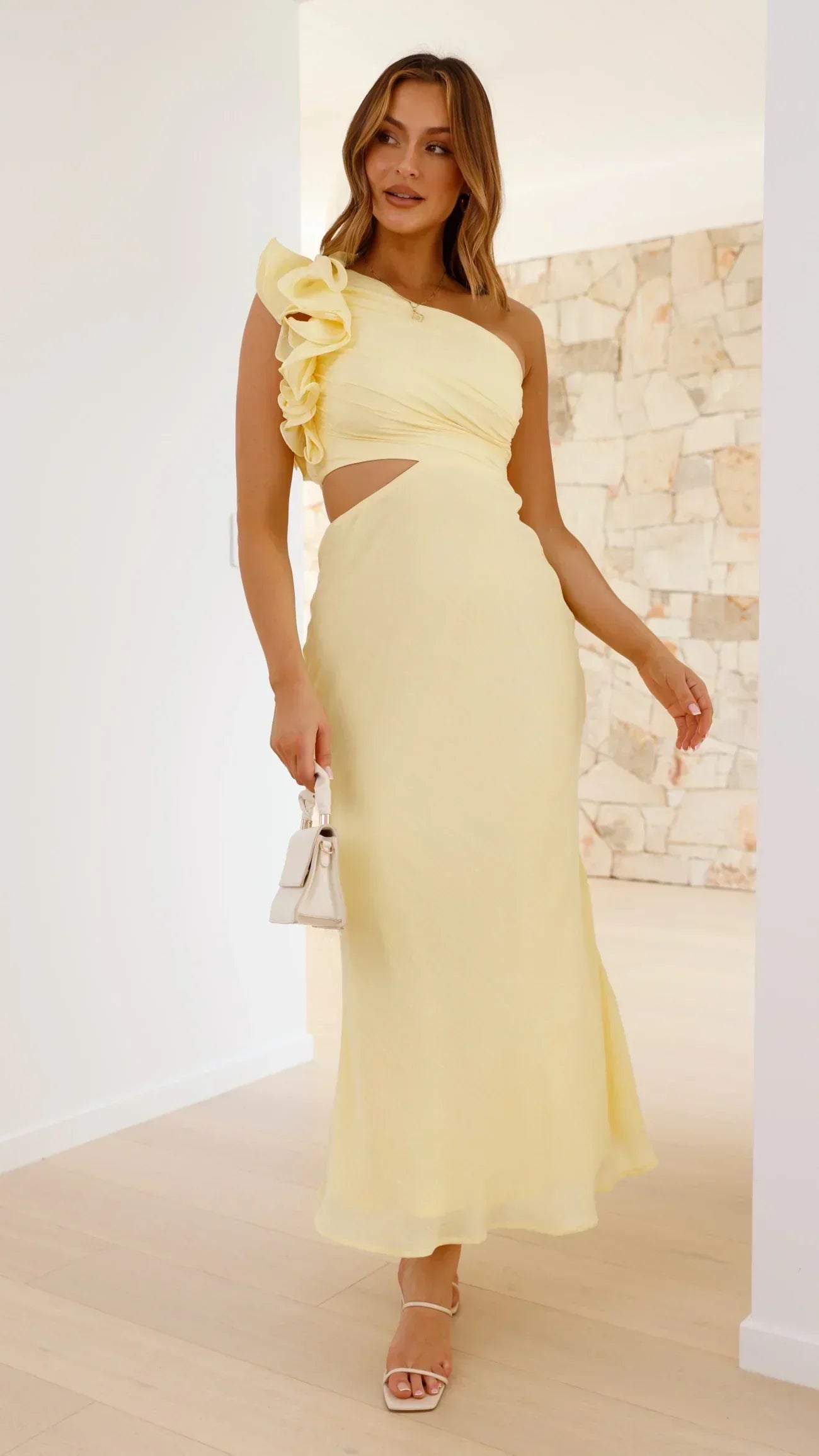 Women's Yellow One-Shoulder Maxi Dress with Cut-Out Detail — Elegant Evening Gown for Formal Occasions | Koossa