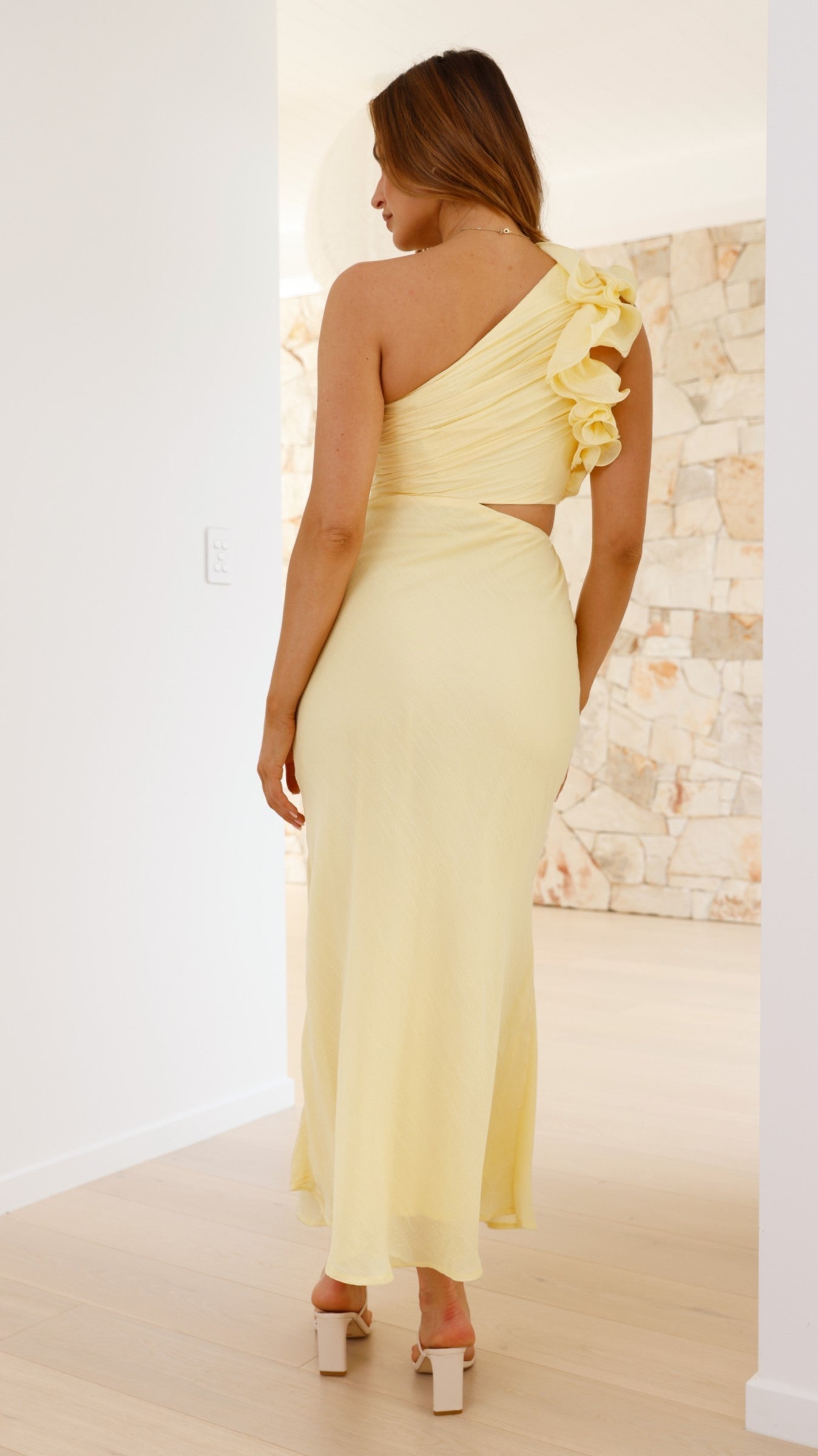 Women's Yellow One-Shoulder Maxi Dress with Cut-Out Detail — Elegant Evening Gown for Formal Occasions | Koossa