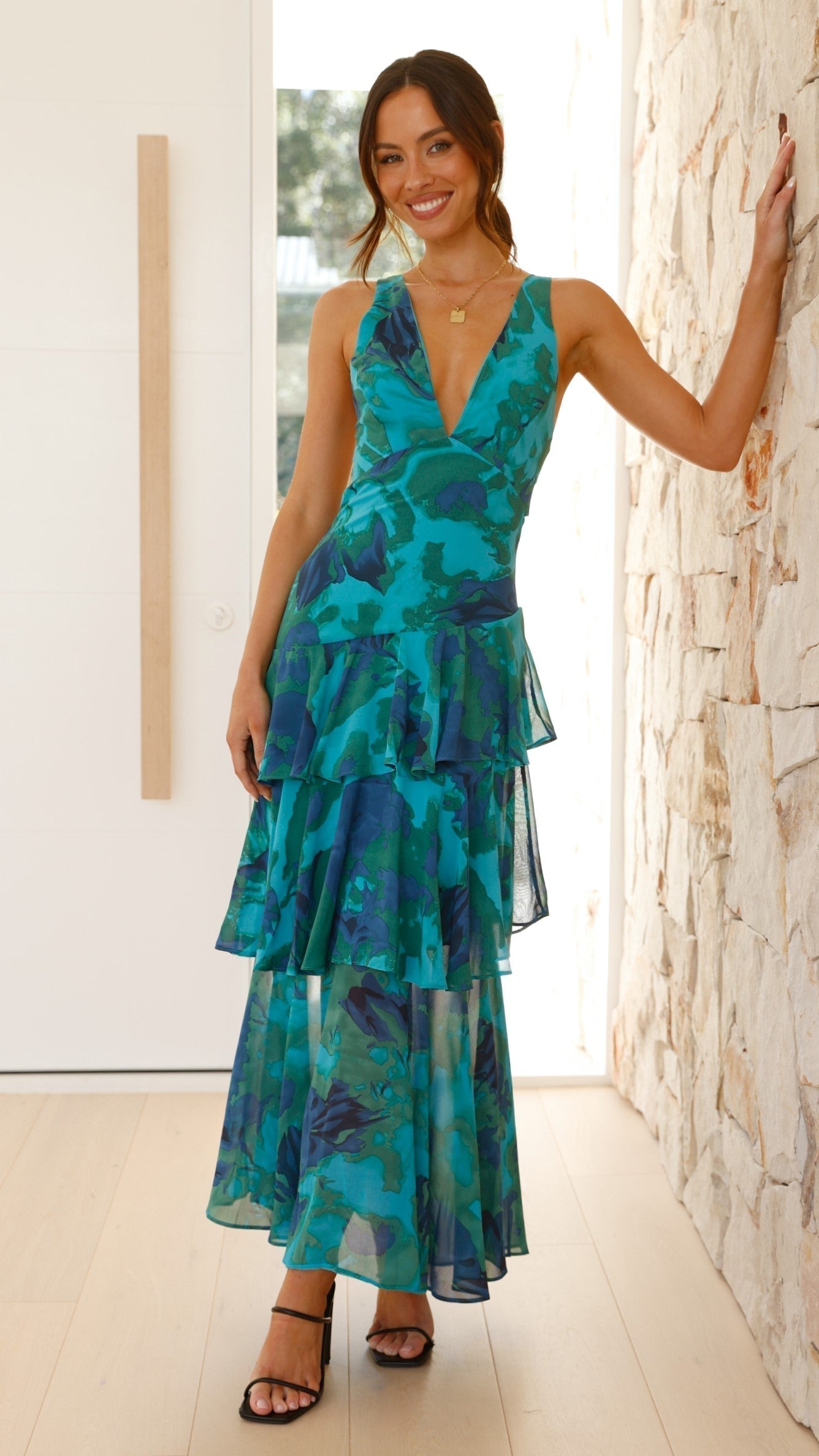 Tiered Maxi Dress with Open Back and Flowing Skirt in Green, Purple, Pink, Red, Yellow | Koossa