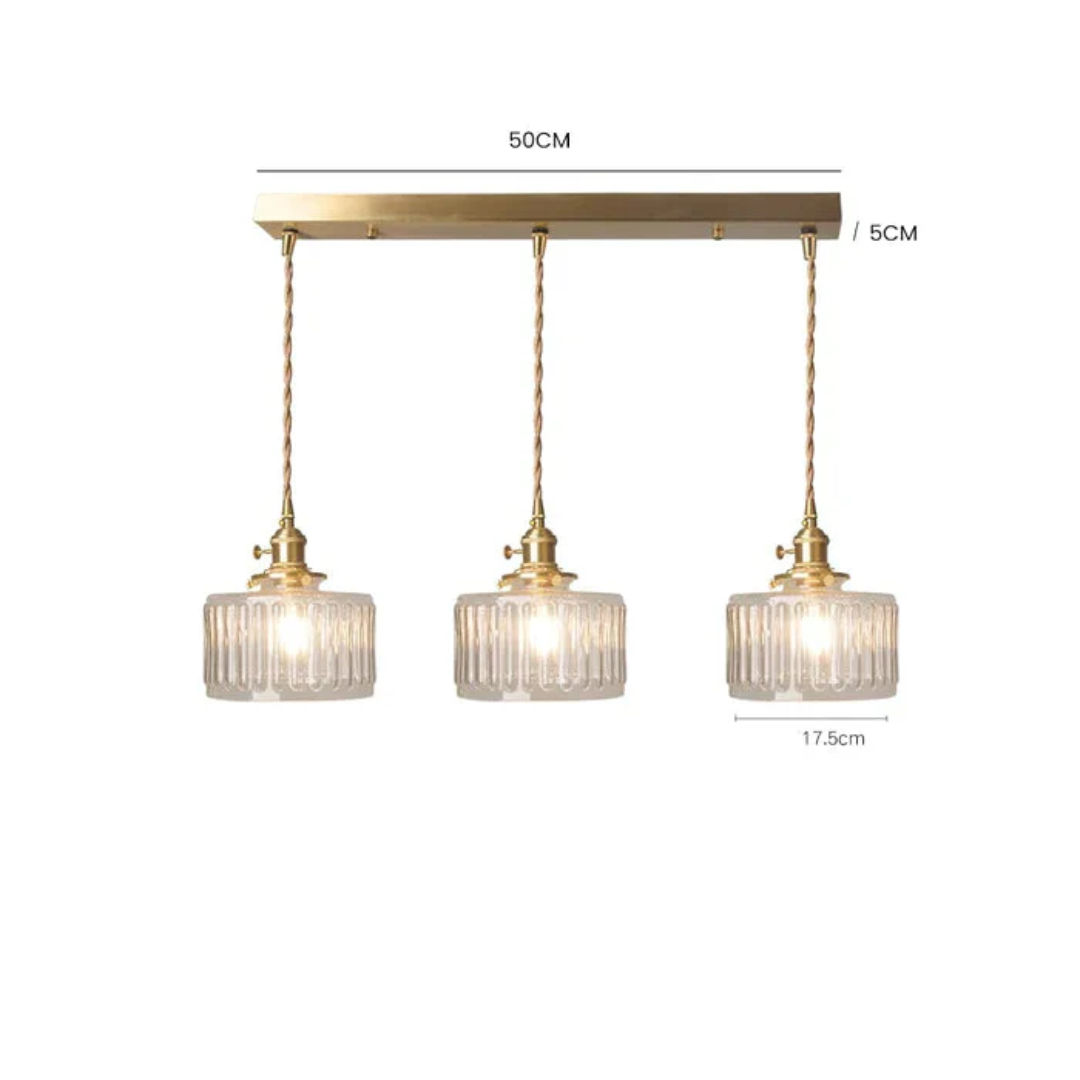 Adjustable Pendant Light with Ribbed Glass Shade, E27 Socket, Green Brass Finish for Kitchen Island, Dining Room & Breakfast Bar | Lonoma