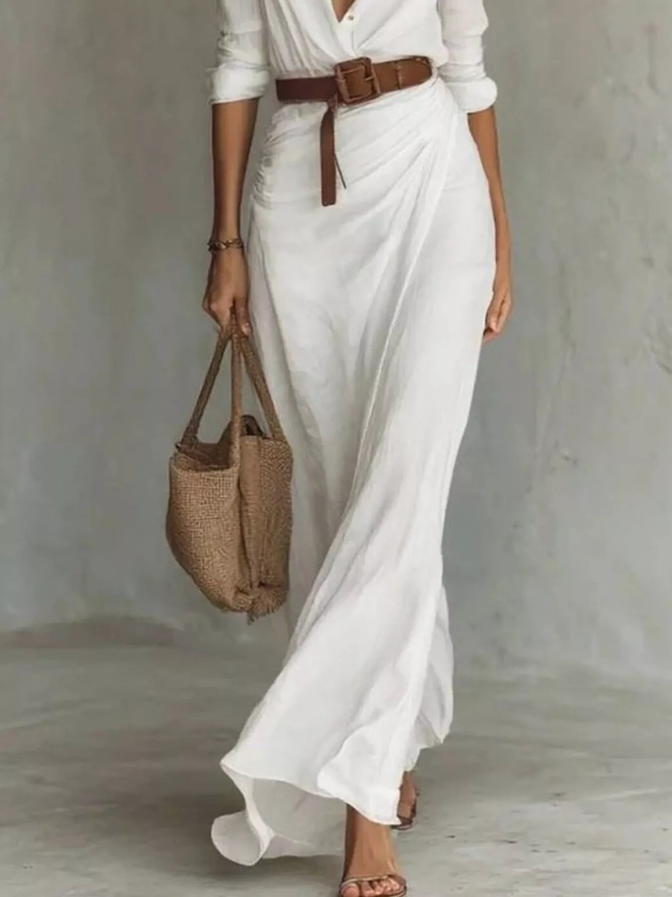 Women's Belted Maxi Dress with Long Sleeves in Khaki, Black, White & Navy Blue – Elegant Flowing Full-Length Dress for Day and Evening | Koossa