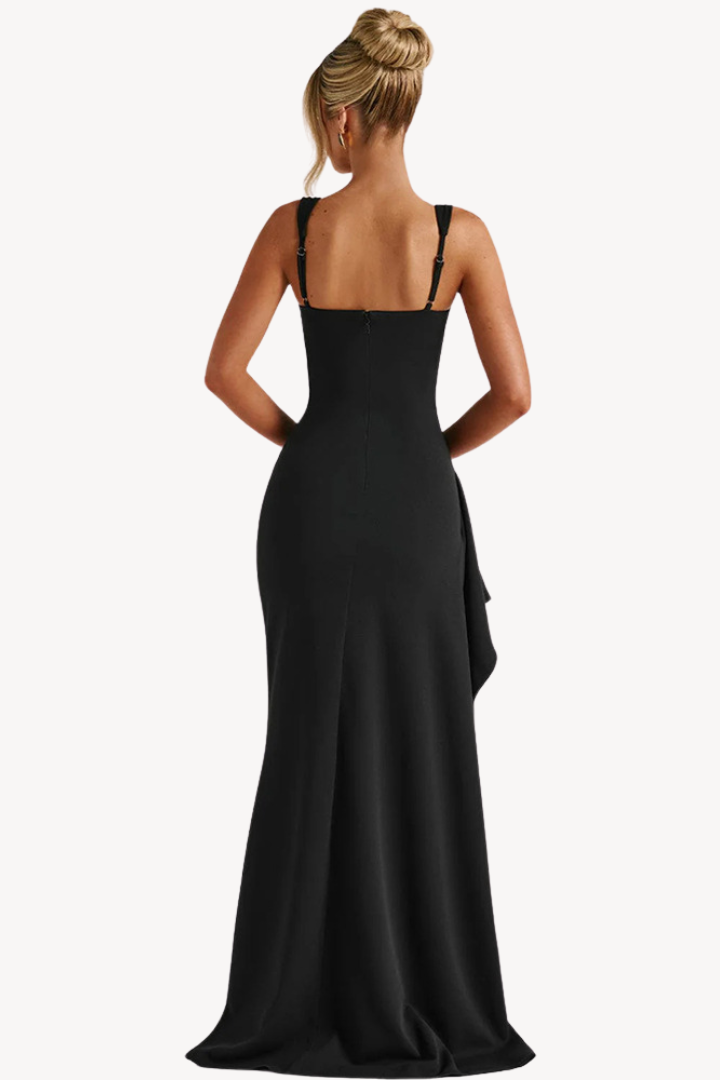 Tailored Black Evening Dress with Square Neckline and Leg Slit | Elegant Formal Occasion Gown for Wedding Guests and Galas | Koossa