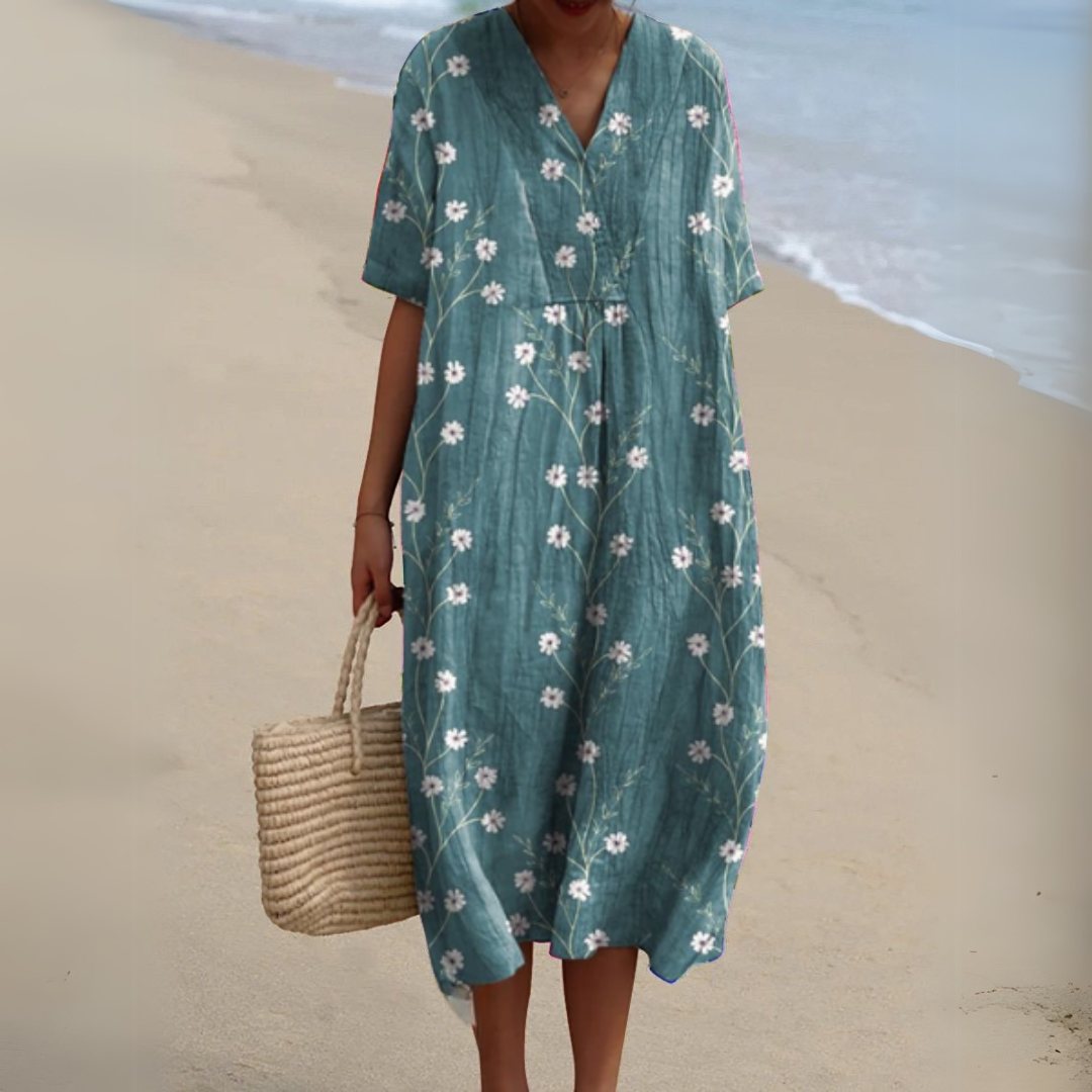Floaty V-Neck Cotton Linen Dress in Vibrant Prints for Summer Occasions Garden Parties Warm Days | Koossa