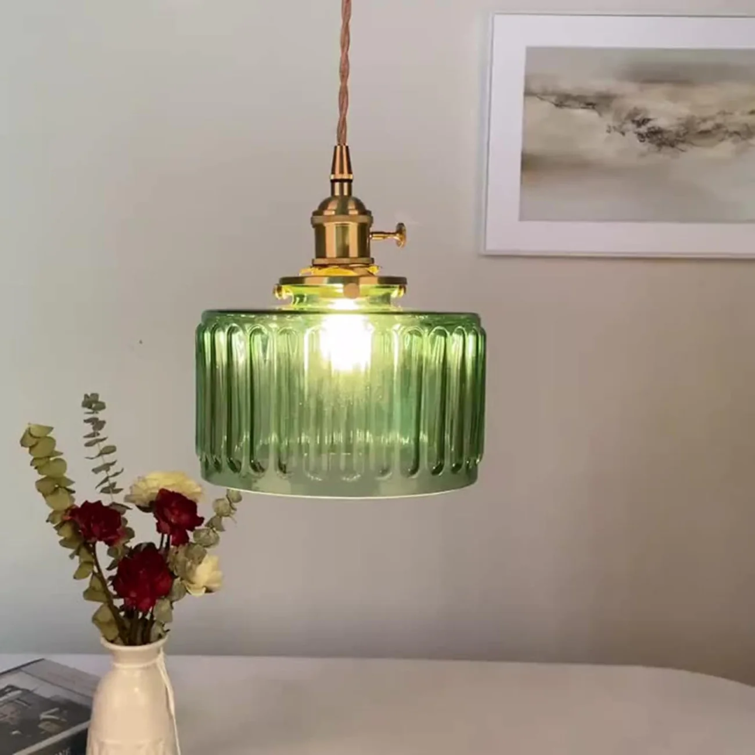 Adjustable Pendant Light with Ribbed Glass Shade, E27 Socket, Green Brass Finish for Kitchen Island, Dining Room & Breakfast Bar | Lonoma