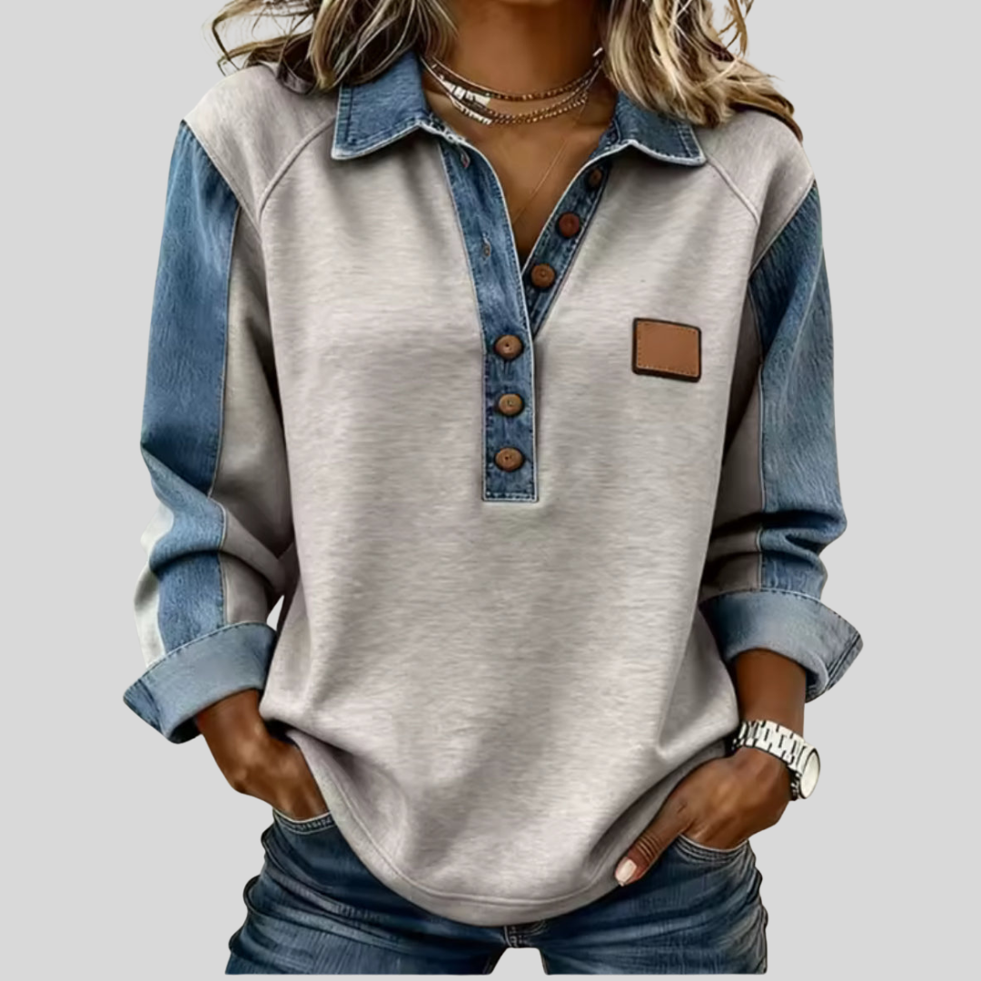 Men's Half-Button Pullover Sweatshirt with Chambray Sleeves and Collar - Hybrid Polo Sweater with Contrast Trim for Casual Wear | Lonoma