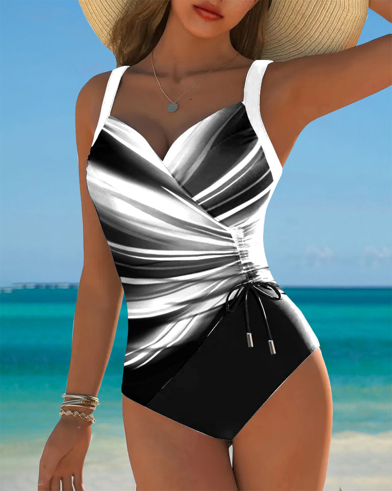 Women's Colour Block One-Piece Swimsuit with Lace-Up Detail — Elegant Swimwear for Holiday & Beach | Koossa